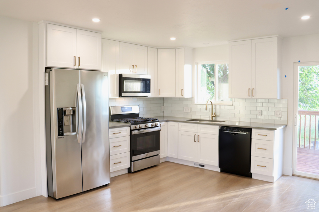 Kitchen with stainless steel appliances, a sink, white cabinets, decorative backsplash, and recessed lighting