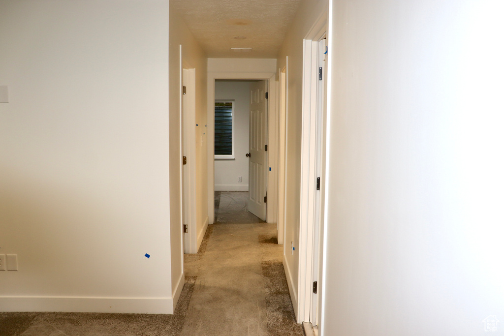 Corridor with baseboards and light colored carpet