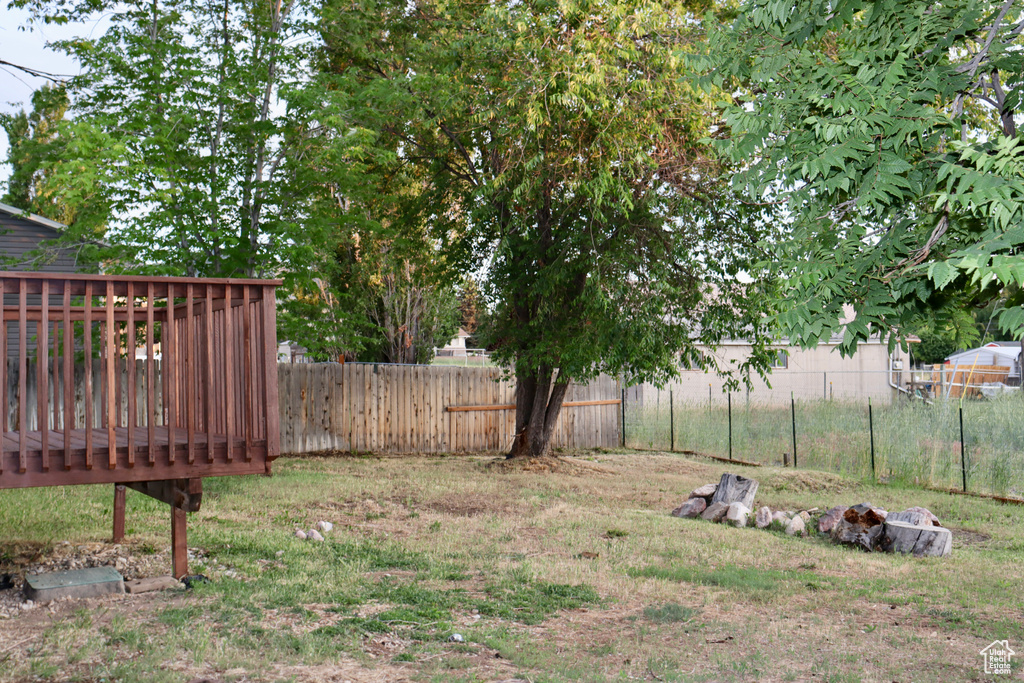 Fenced backyard with a deck