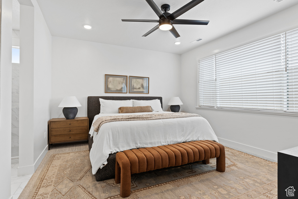 Bedroom with baseboards, multiple windows, recessed lighting, and a ceiling fan