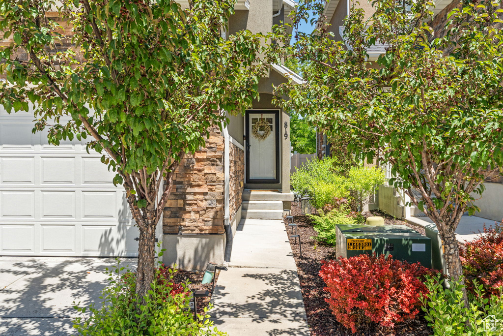 Property entrance featuring stucco siding and stone siding
