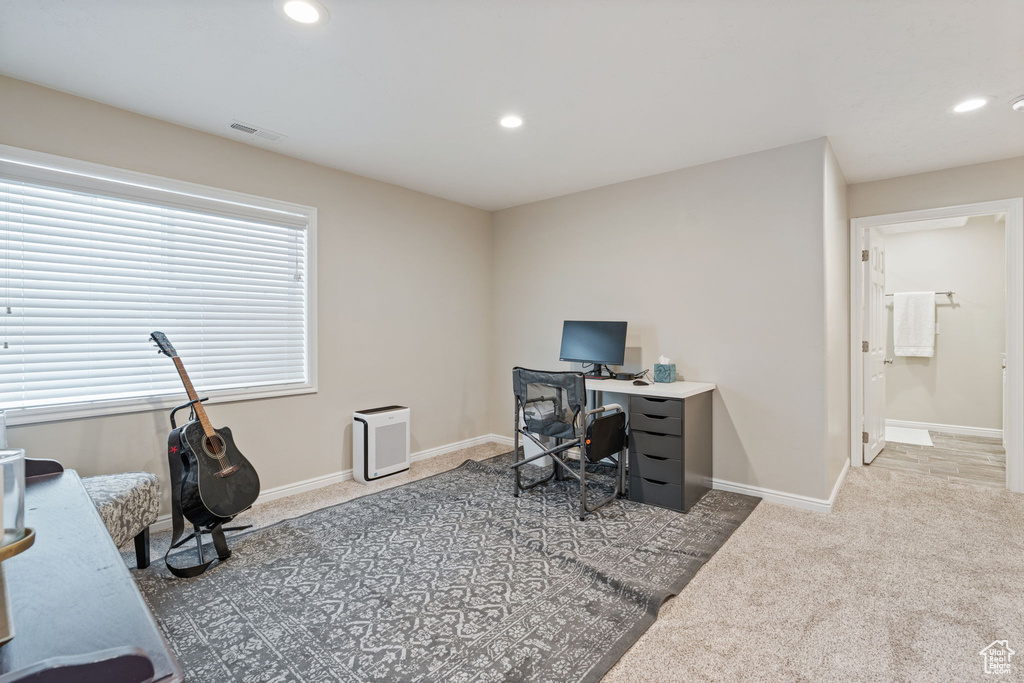 Office featuring carpet flooring, recessed lighting, and baseboards