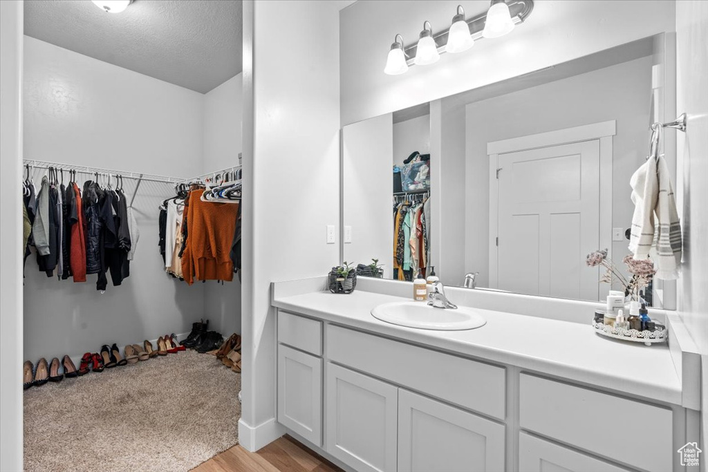 Bathroom with vanity, a spacious closet, and wood finished floors