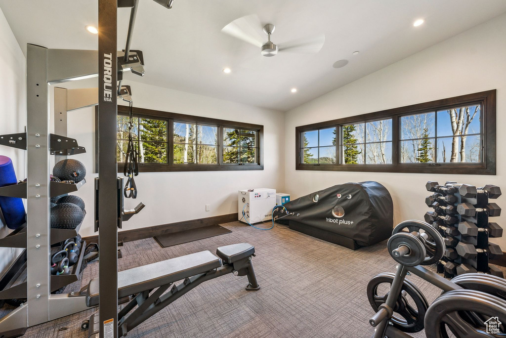 Workout area featuring carpet flooring, lofted ceiling, a ceiling fan, recessed lighting, and baseboards