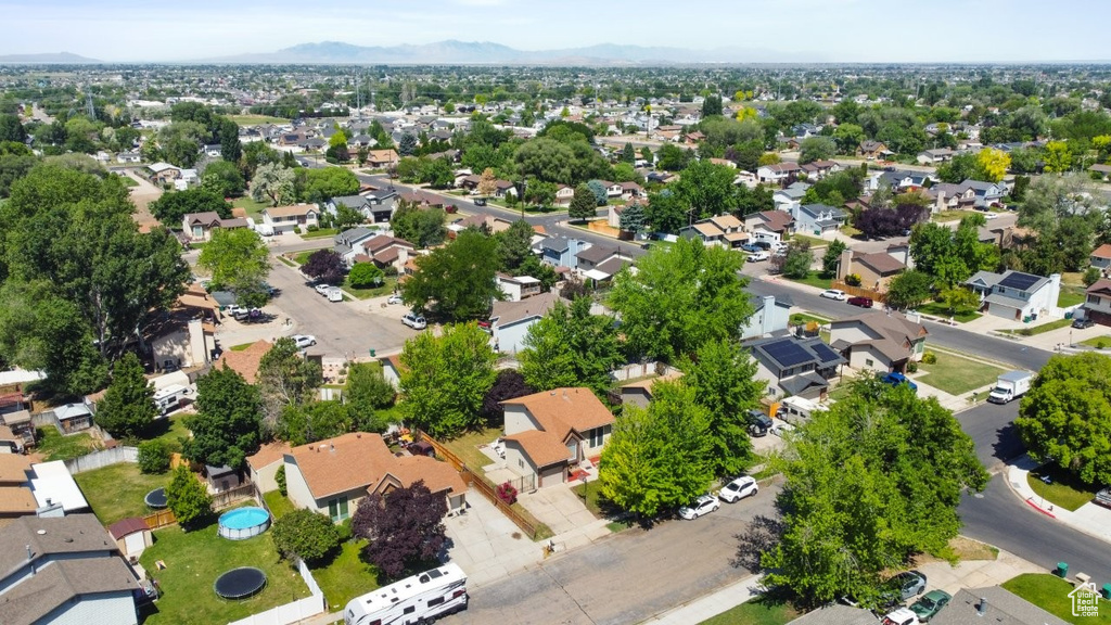 Aerial view of residential area with mountains