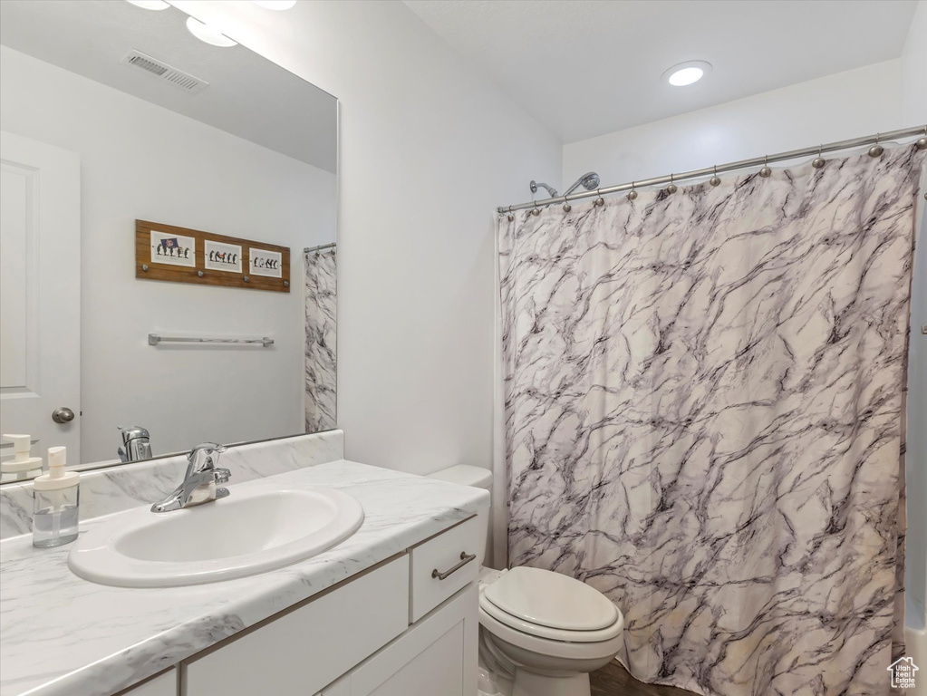 Full bathroom featuring toilet, vanity, and a shower with curtain