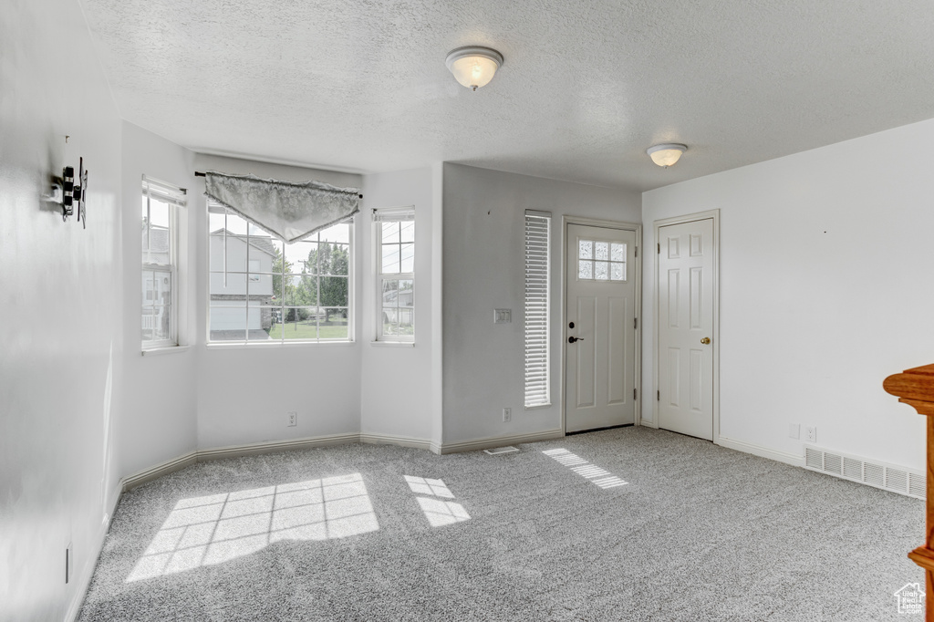 Foyer entrance with carpet flooring, a textured ceiling, and baseboards