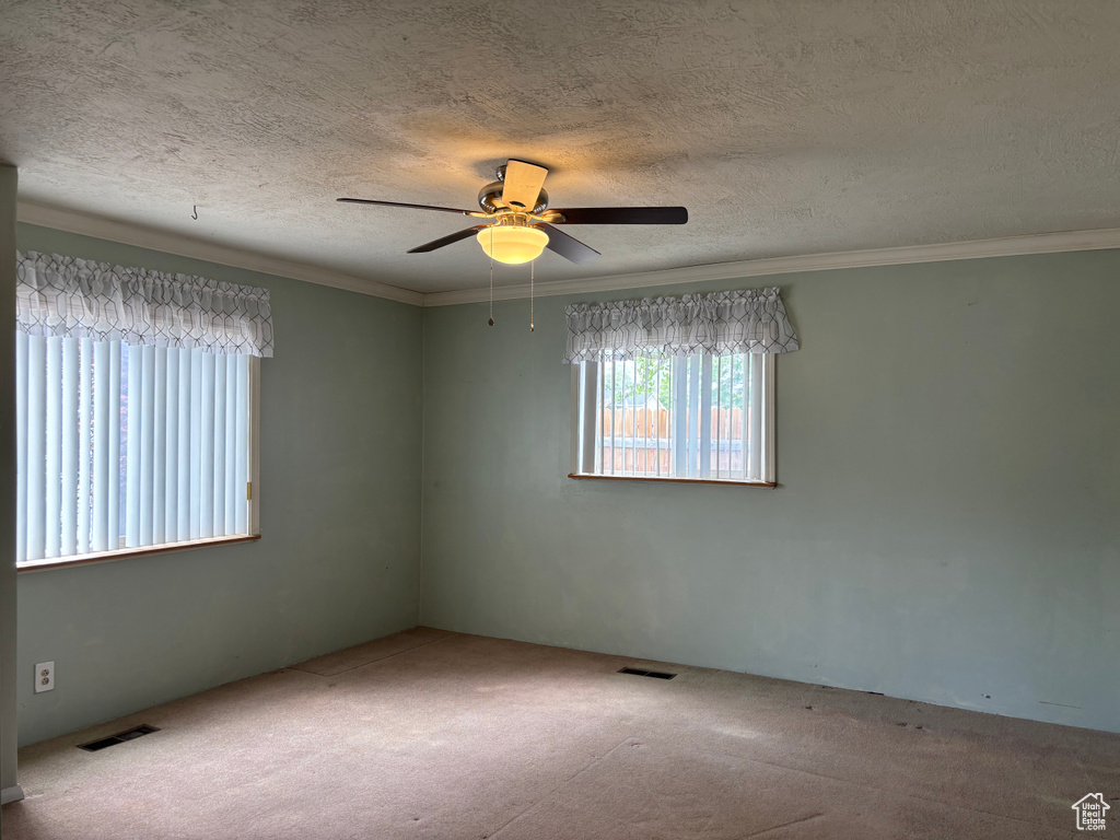 Empty room featuring carpet, ceiling fan, a textured ceiling, and ornamental molding