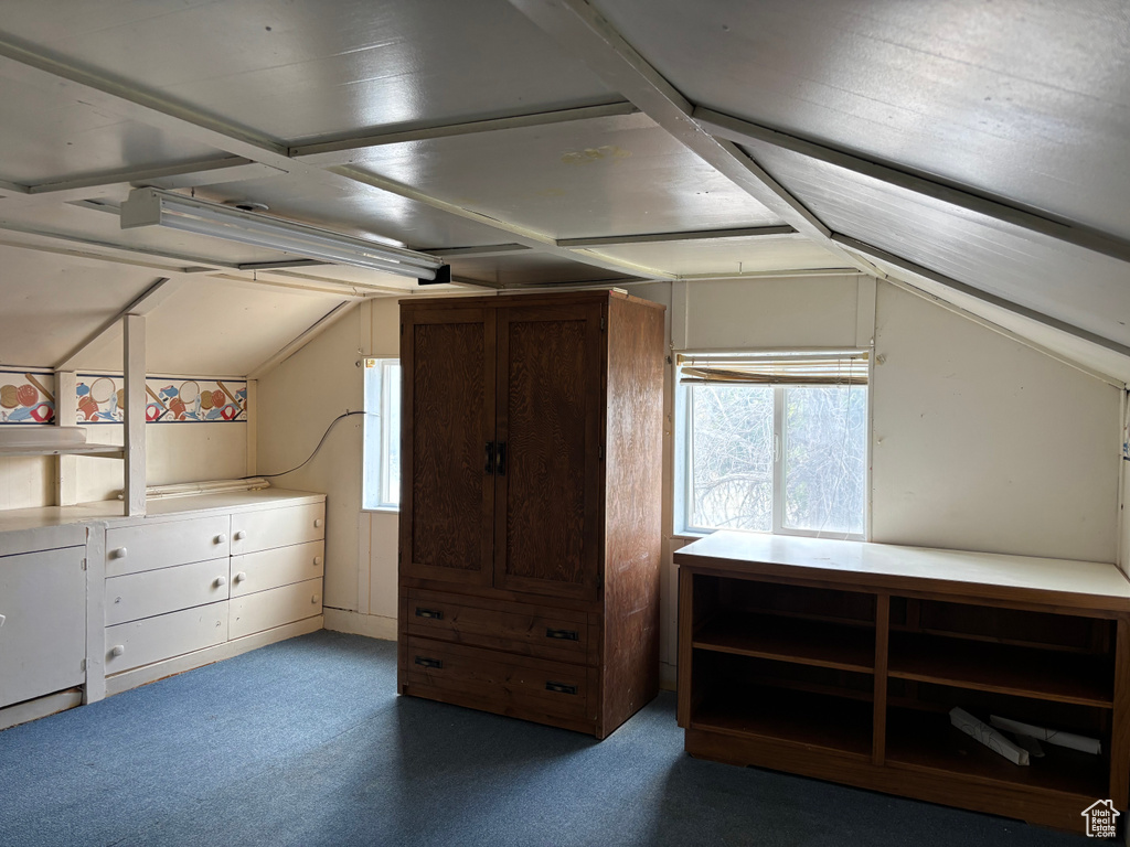 Bonus room with vaulted ceiling and carpet