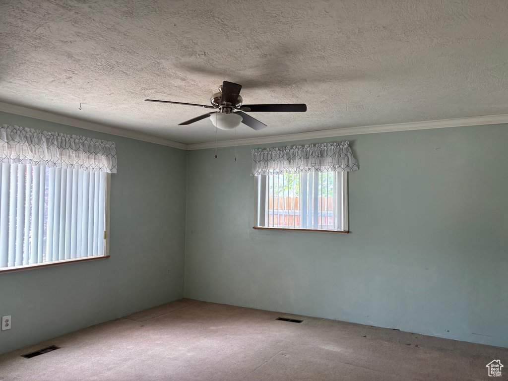 Carpeted spare room with ceiling fan, a textured ceiling, and ornamental molding