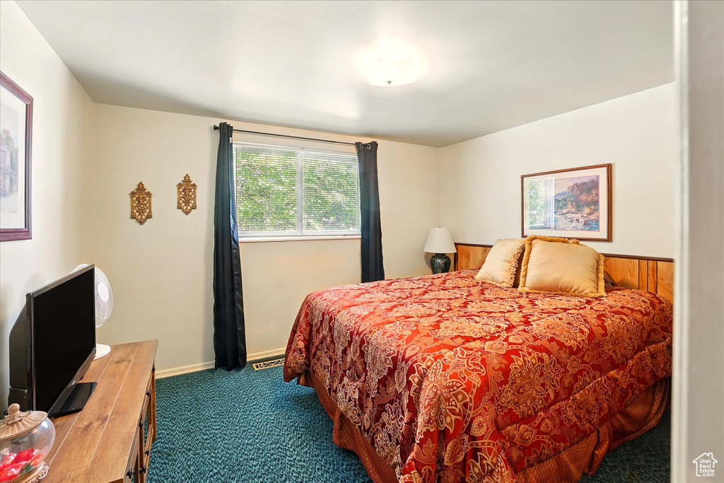 Bedroom with dark carpet
