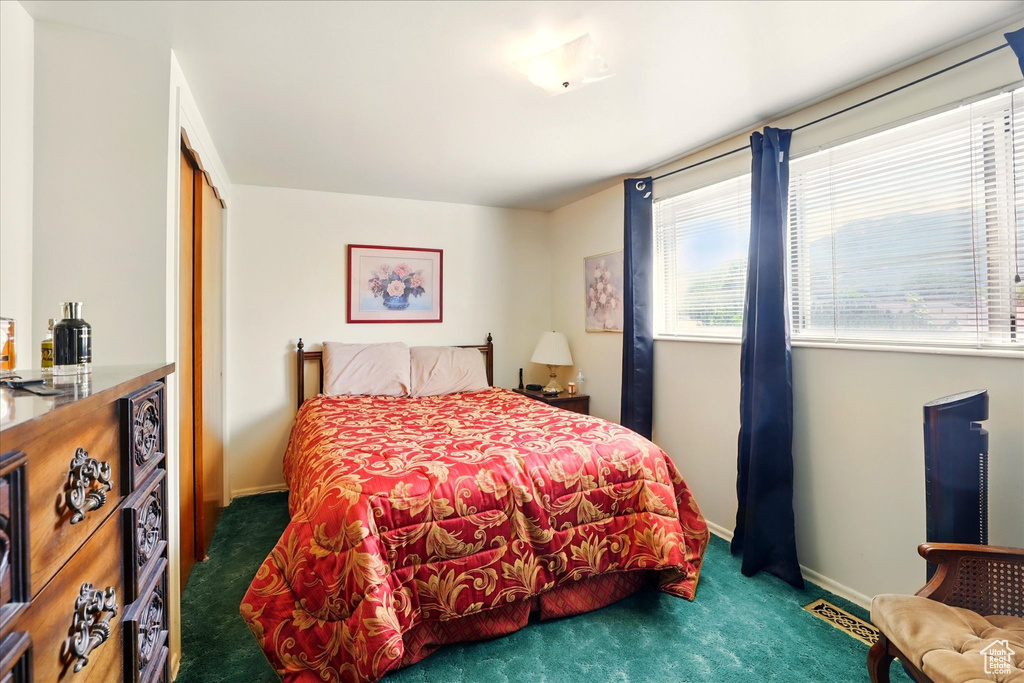 Carpeted bedroom with baseboards and a closet