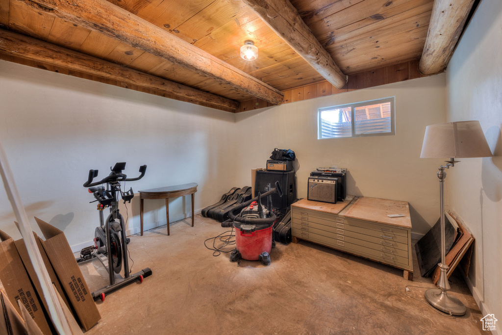 Exercise area featuring wooden ceiling