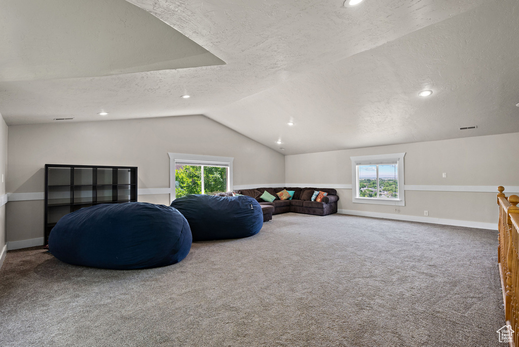 Living area with a textured ceiling, vaulted ceiling, carpet flooring, plenty of natural light, and recessed lighting