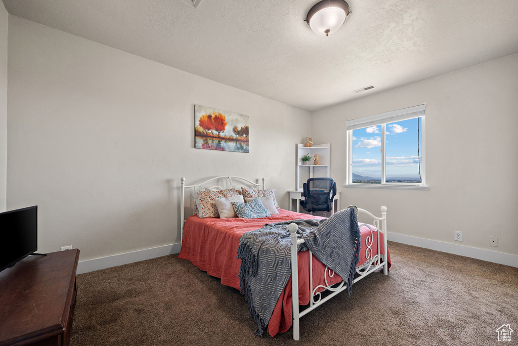Carpeted bedroom with baseboards and a textured ceiling