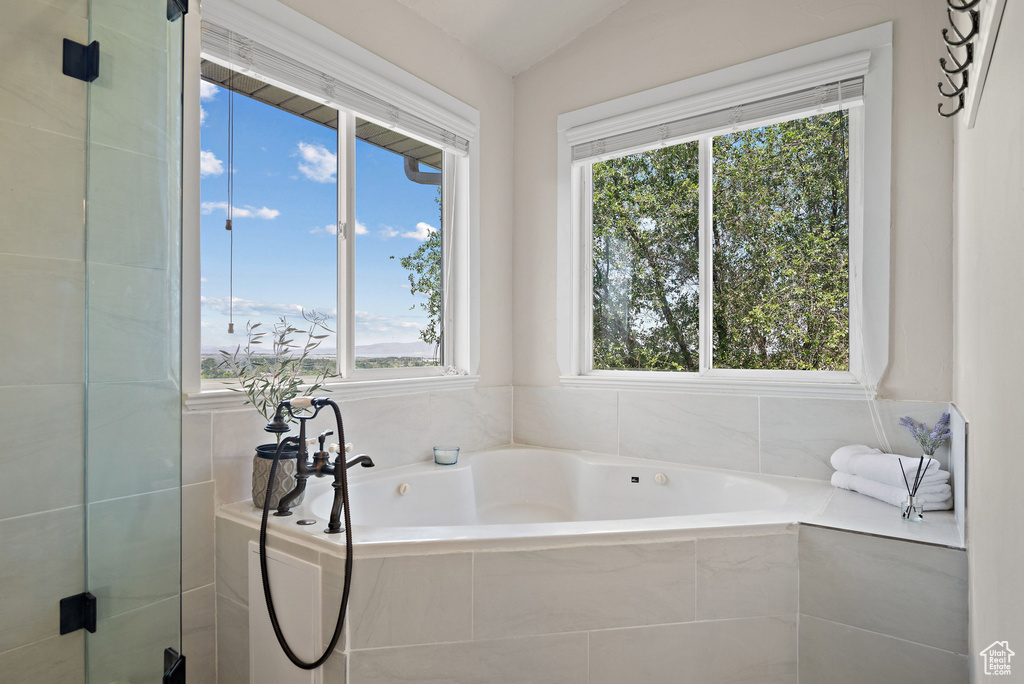 Full bath with plenty of natural light, a bath, and a shower stall