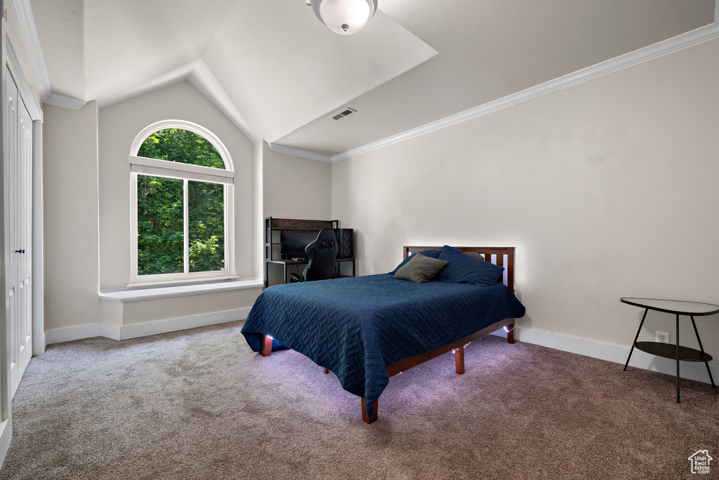 Carpeted bedroom with vaulted ceiling, baseboards, and ornamental molding