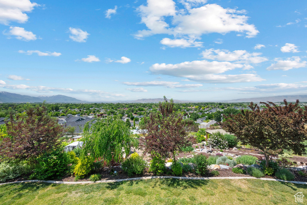 Aerial view of residential area with a mountain backdrop