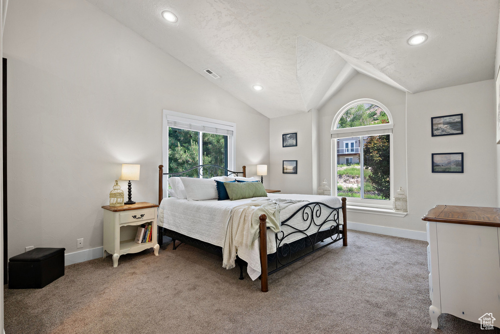 Bedroom with baseboards, carpet flooring, recessed lighting, vaulted ceiling, and a textured ceiling