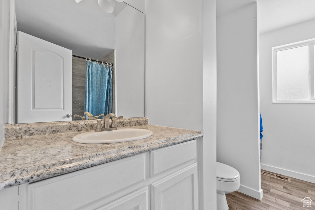 Bathroom featuring toilet, vanity, wood finished floors, baseboards, and a shower with shower curtain