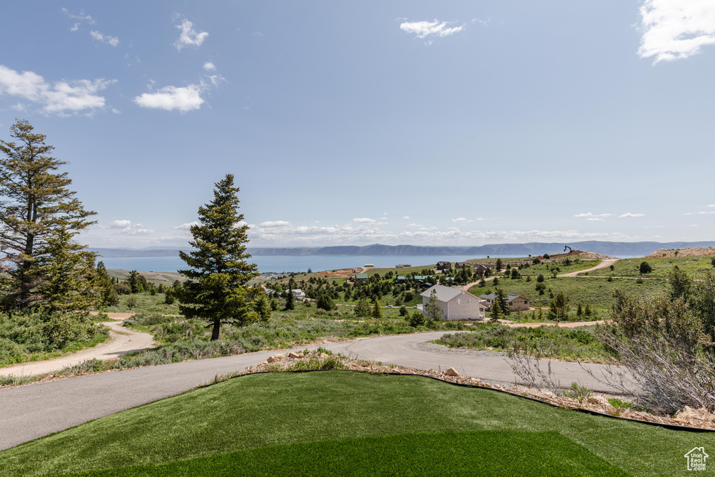View of yard with asphalt driveway and a water and mountain view
