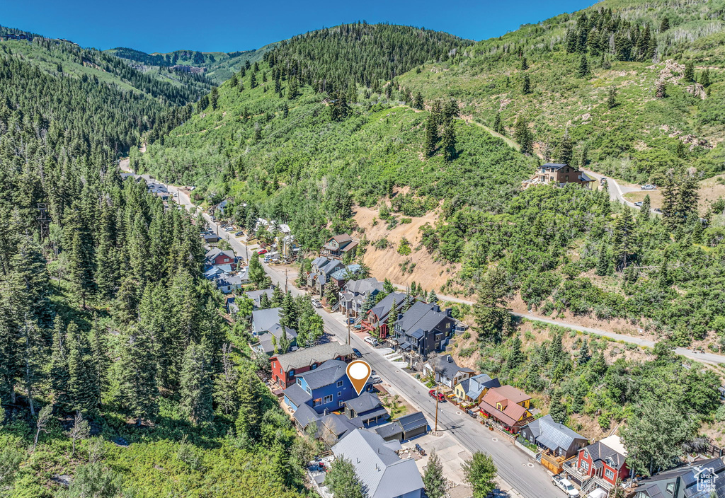 Aerial view of residential area featuring a heavily wooded area and mountains