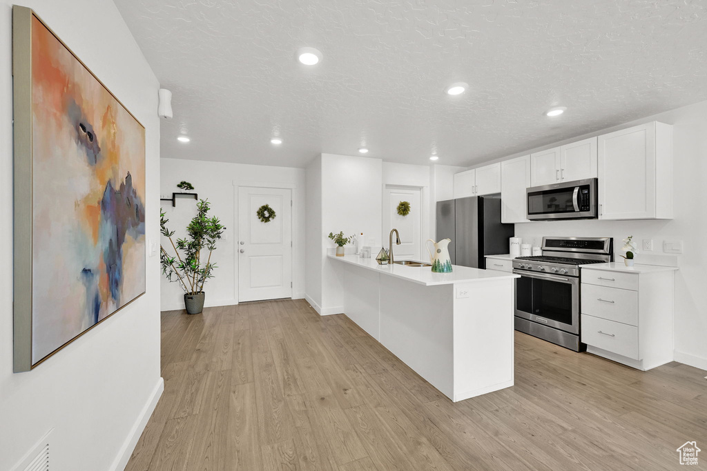 Kitchen featuring appliances with stainless steel finishes, light wood-style floors, light countertops, baseboards, and recessed lighting