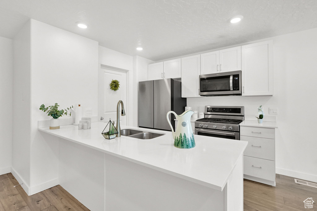 Kitchen featuring stainless steel appliances, baseboards, a sink, light wood-style flooring, and recessed lighting