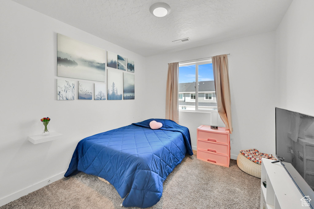 Bedroom featuring carpet floors, a textured ceiling, and baseboards