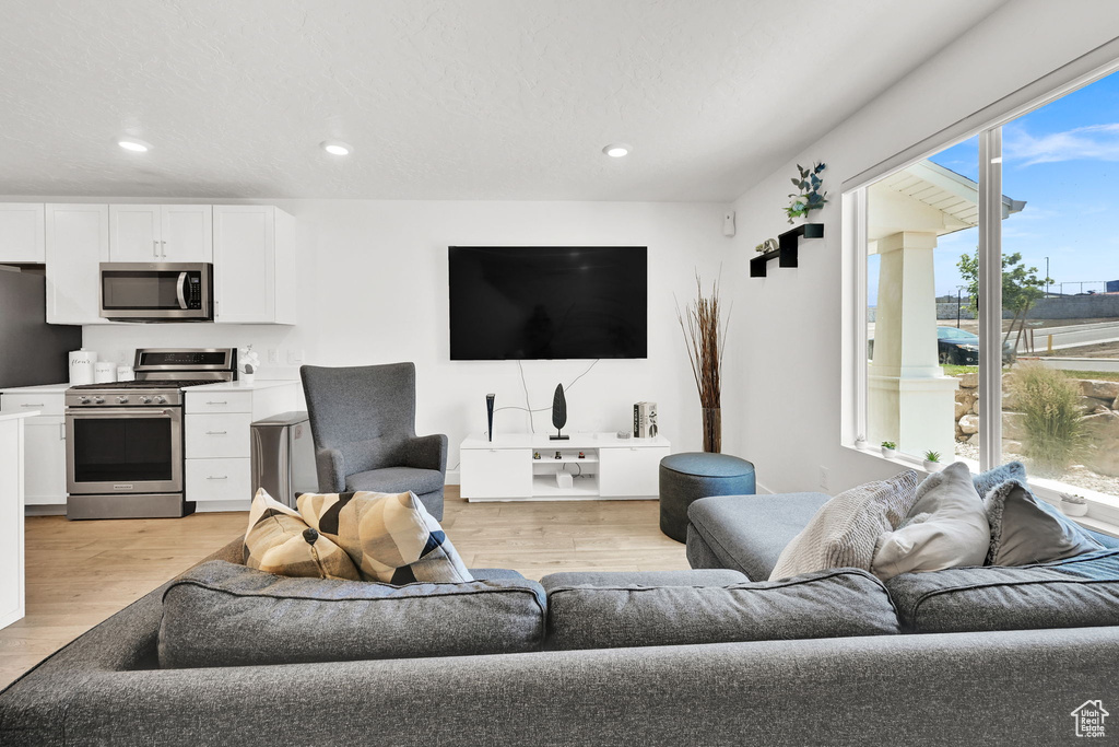 Living area with light wood finished floors and recessed lighting