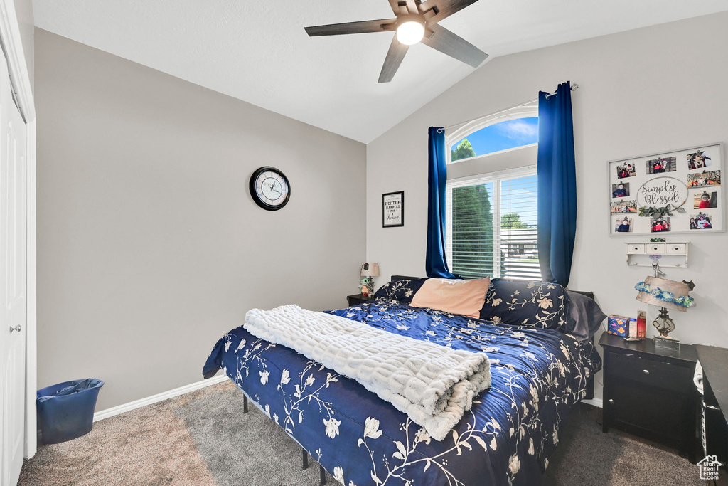 Bedroom with lofted ceiling, carpet flooring, baseboards, and a ceiling fan