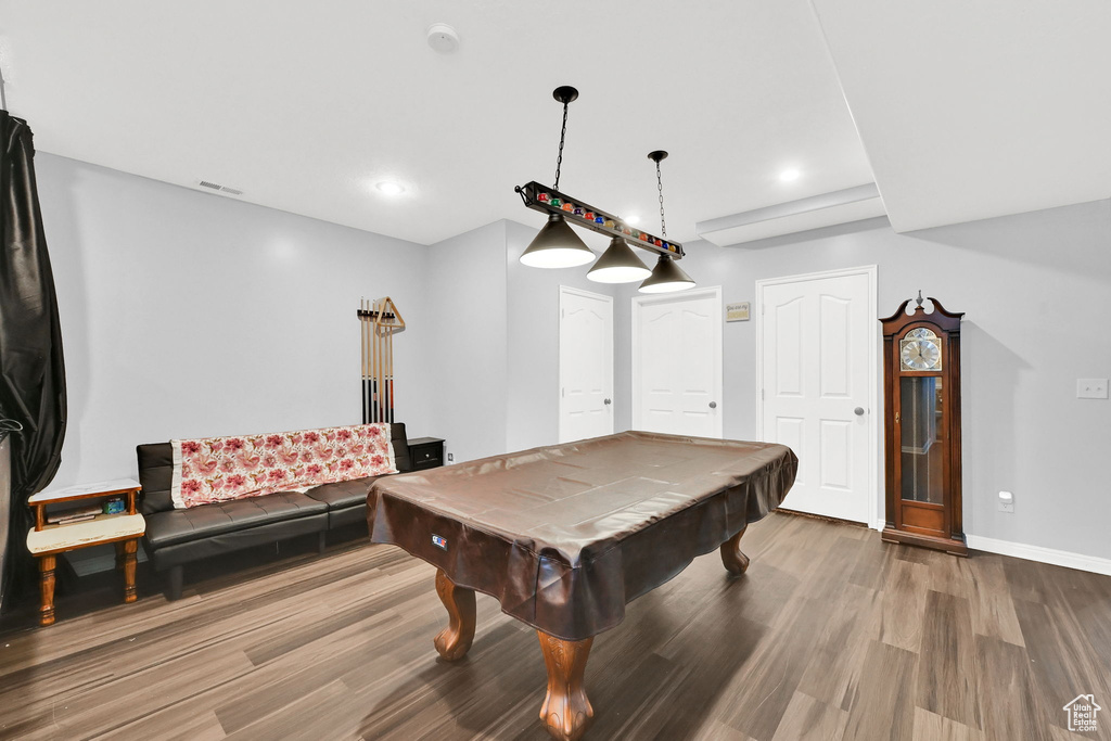 Playroom featuring wood finished floors, baseboards, billiards, and recessed lighting