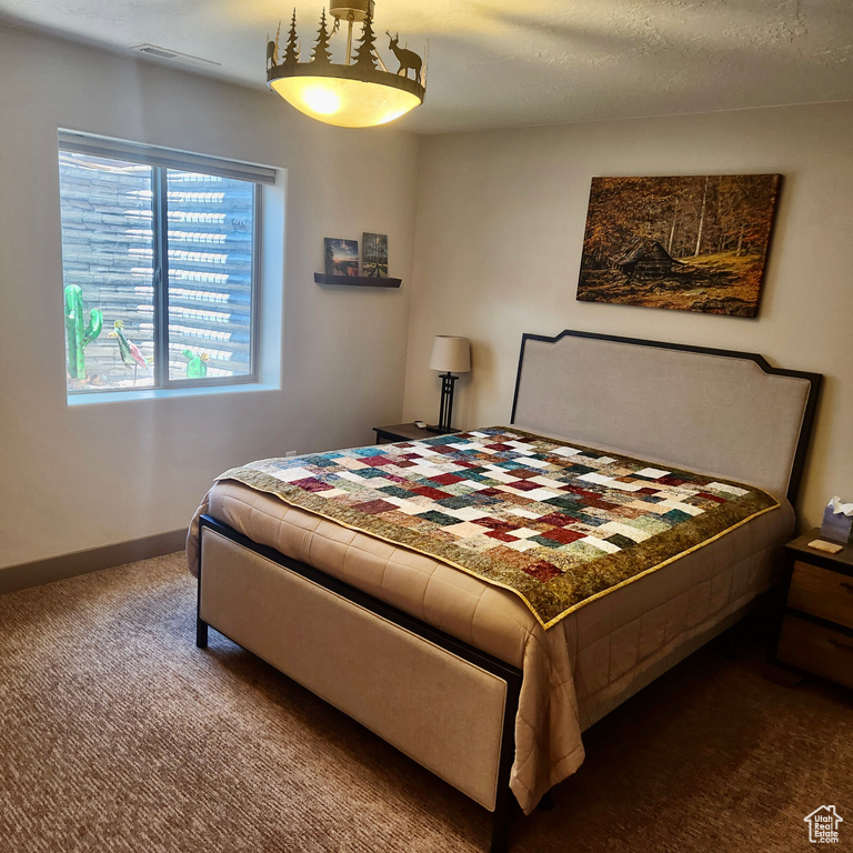 Bedroom with dark colored carpet