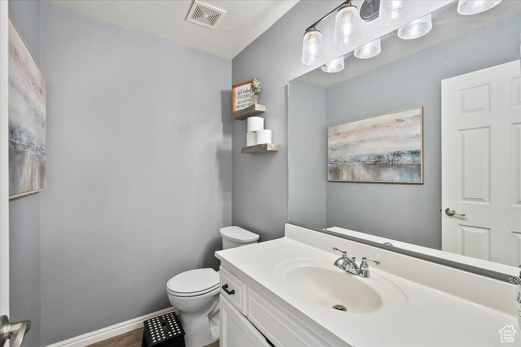 Bathroom featuring toilet, vanity, and a textured ceiling