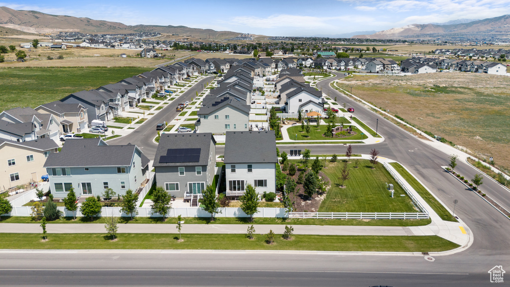 Aerial view of residential area with mountains