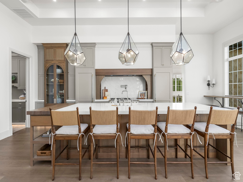 Kitchen featuring a tray ceiling, healthy amount of natural light, a spacious island, and backsplash