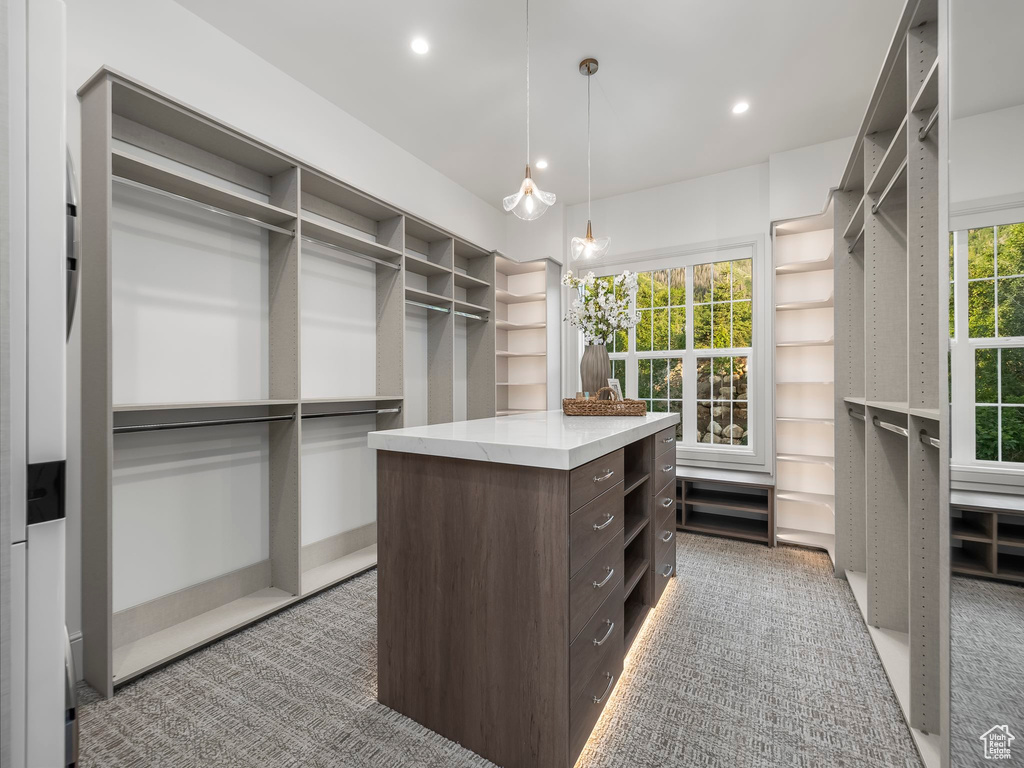 Walk in closet with light carpet