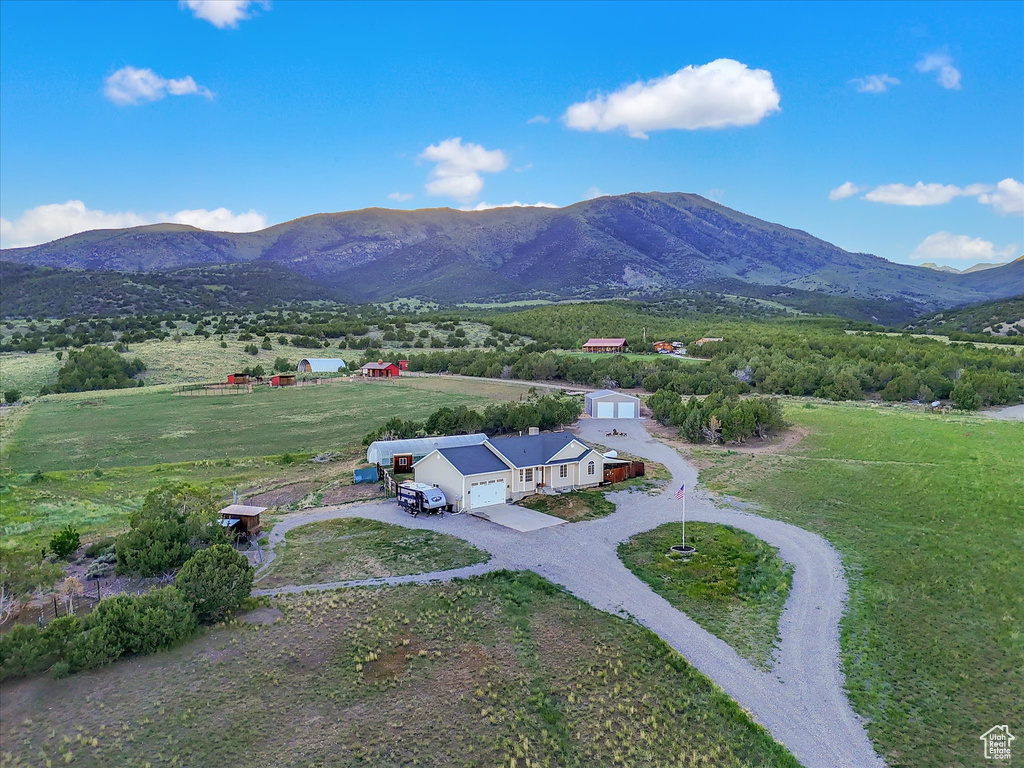 Overview of rural landscape with a mountain backdrop
