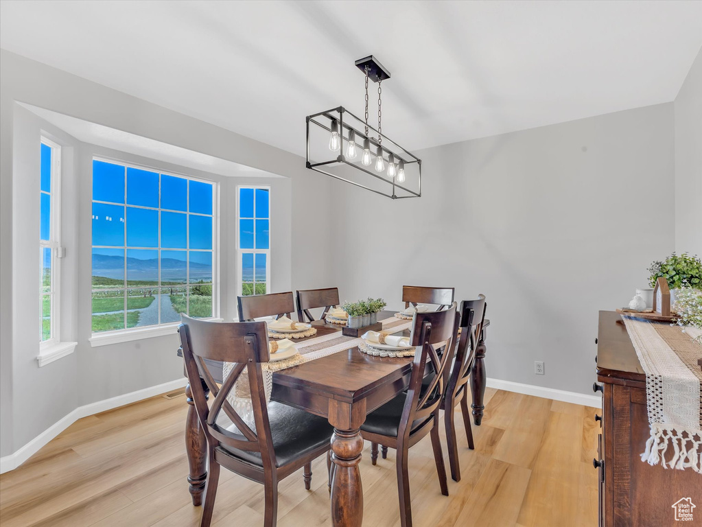 Dining room with light wood-style floors and baseboards