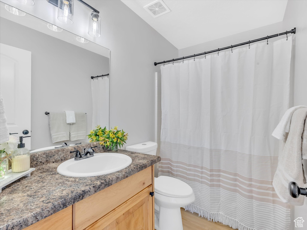 Bathroom featuring toilet, vanity, wood finished floors, and a shower with shower curtain