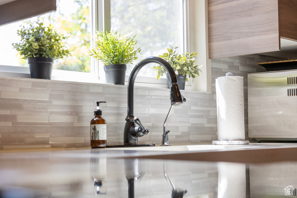 Kitchen view of decorative backsplash