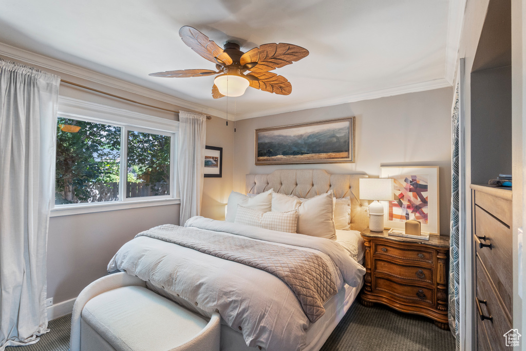 Bedroom featuring carpet floors, ornamental molding, a ceiling fan, and baseboards