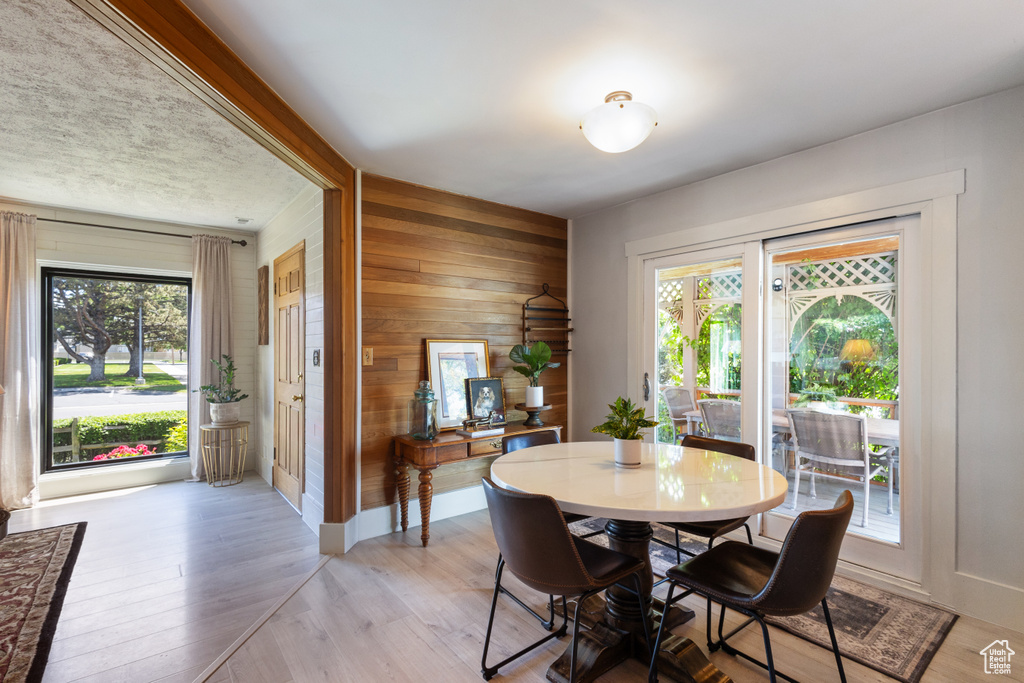 Dining area featuring wood walls, healthy amount of natural light, light wood finished floors, and baseboards