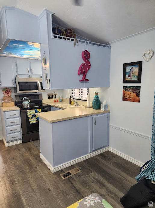 Kitchen with stainless steel microwave, black range with electric stovetop, dark wood-style floors, light countertops, and a peninsula