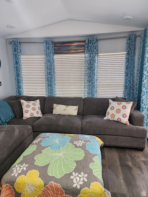 Living room with lofted ceiling and wood finished floors