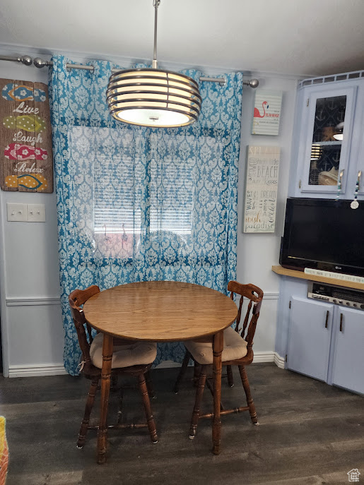 Dining area with baseboards and dark wood-type flooring