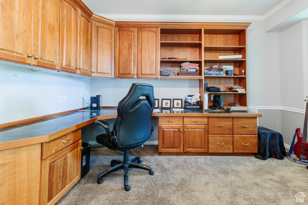 Home office with built in desk, ornamental molding, and carpet flooring
