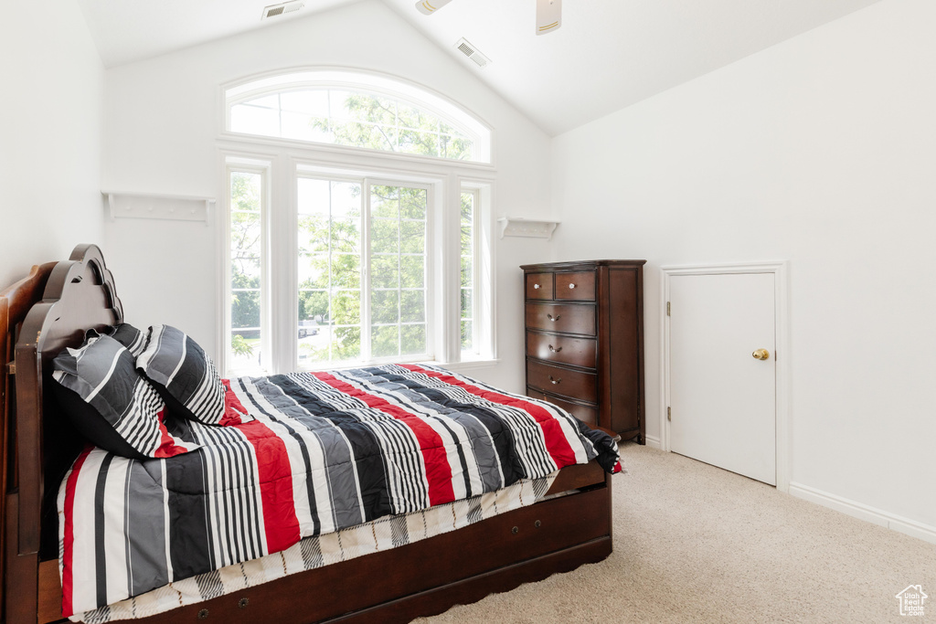 Bedroom with vaulted ceiling, carpet flooring, and baseboards
