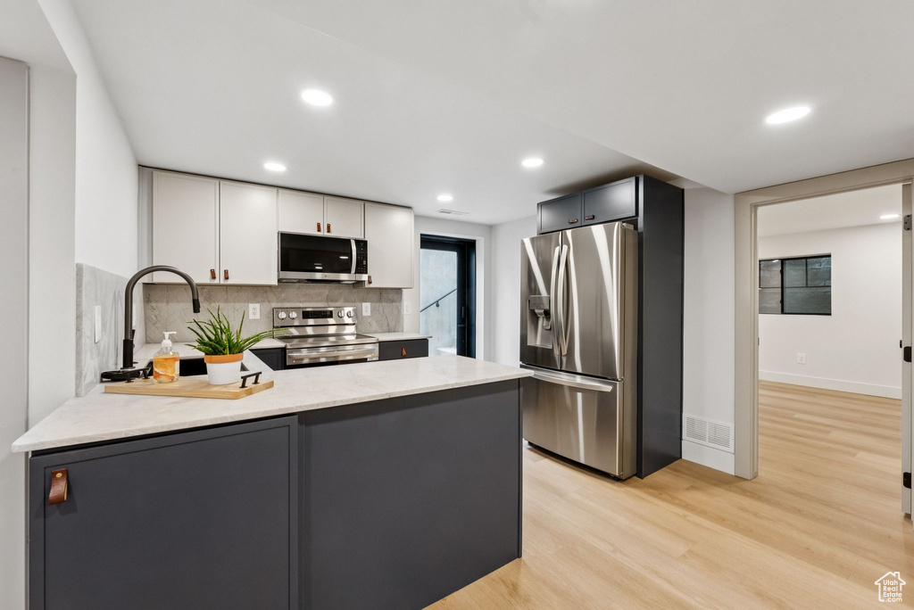 Kitchen with appliances with stainless steel finishes, a peninsula, light wood finished floors, backsplash, and recessed lighting