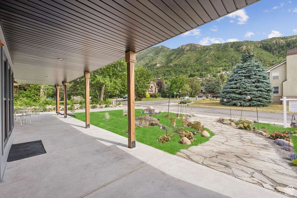 View of patio featuring a mountain view